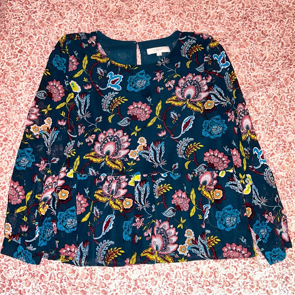 LOFT Navy Floral Blouse with Pink and Yellow Accents